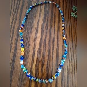 Necklace Millefiori Floral Vintage Beads 22" Sterling Silver
